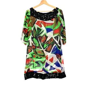 Cache Vintage Sequin Geometric Printed Sheer Silk Dress Size Small